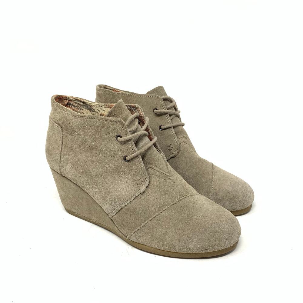 Toms Desert Wedge Booties Tan Taupe Suede Leather Ankle Boot Size 10